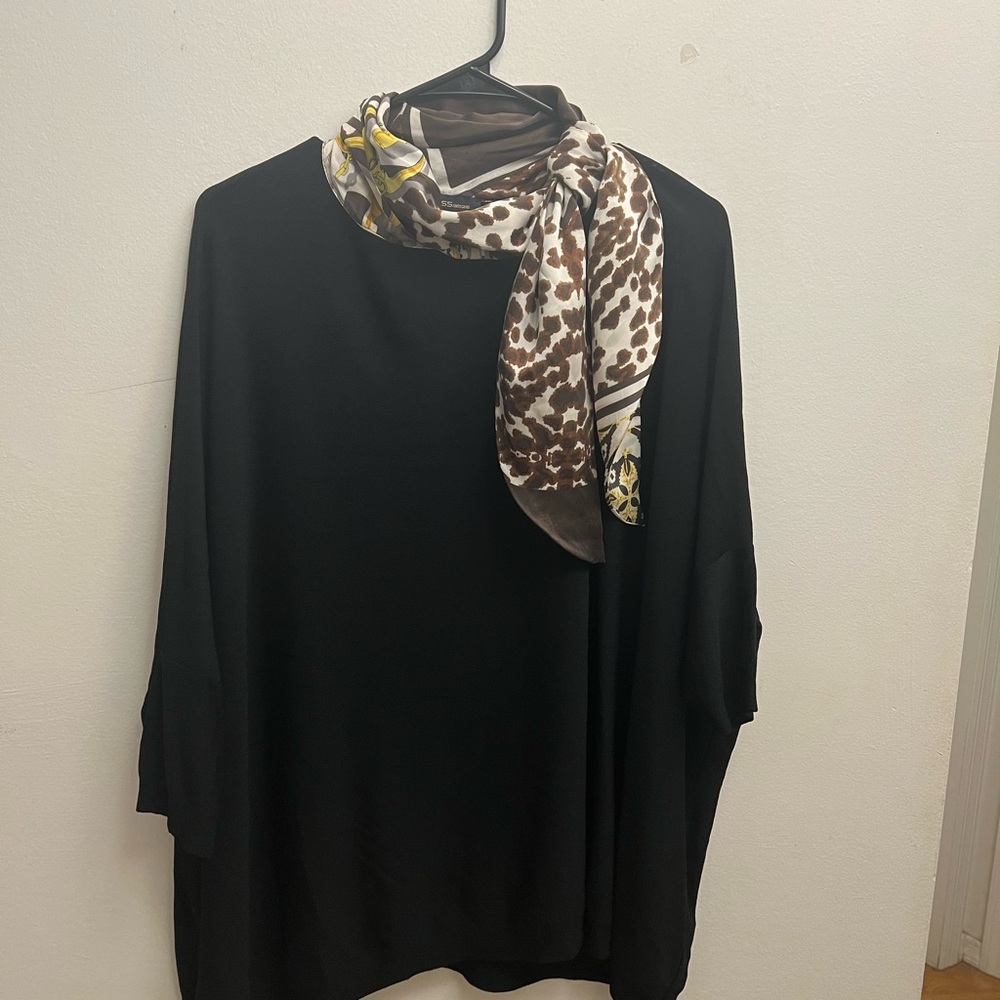 Black Top with Brown and Yellow Scarf
